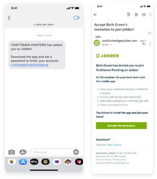 Two screenshots side by side, showing a SMS account invitation on the left and an email invitation on the right.