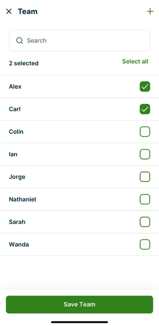 Team screen in the Jobber app with two team members selected and a Save Team button