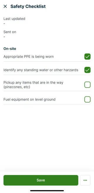 Safety checklist open on a visit in the Jobber app with some items checked and a Save button