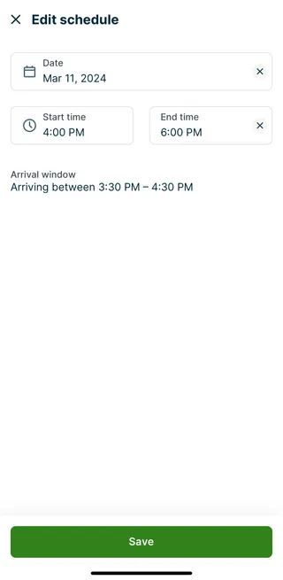 Edit schedule screen in the Jobber app with date, start time, end time, and arrival window