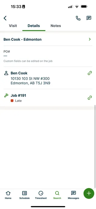 Details tab of a visit in the Jobber app showing a job custom field, the client, and the linked job