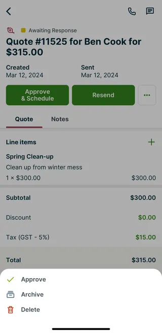 Quote awaiting response in the Jobber app, with the More Actions menu open to Approve, Archive, and Delete