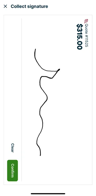Collect signature screen in the Jobber app with a signature drawn on the pad, and Clear and Confirm buttons