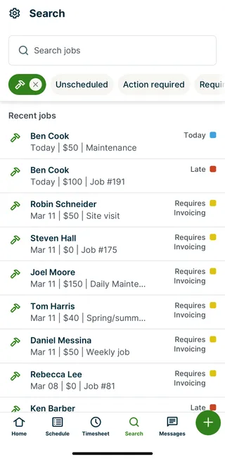 Jobs search in the Jobber app listing recent jobs, each with a status label