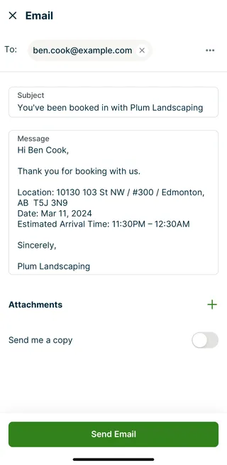 Booking confirmation email in the Jobber app with the location, date, and estimated arrival time