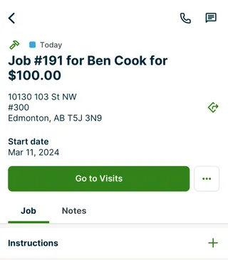 Late job in the Jobber app with the Go to Visits button