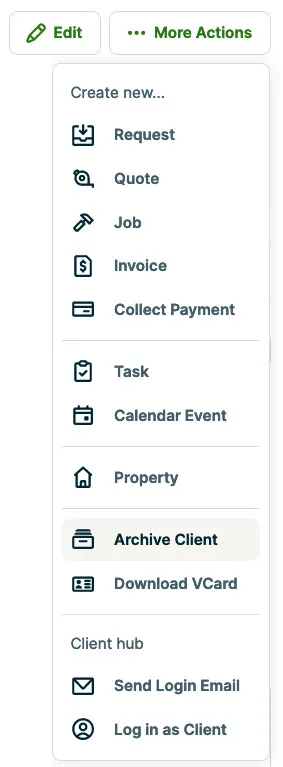 More actions menu with Archive Client highlighted