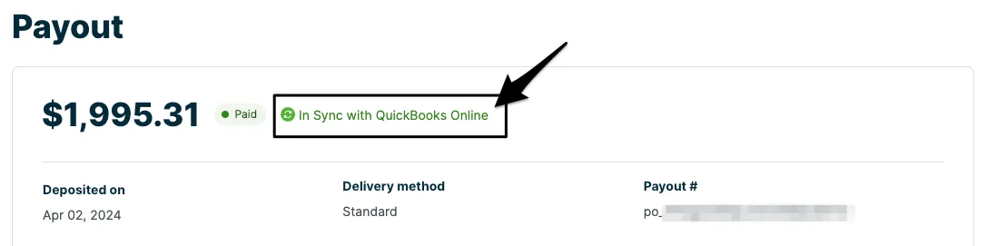Paid payout showing the In Sync with QuickBooks Online status