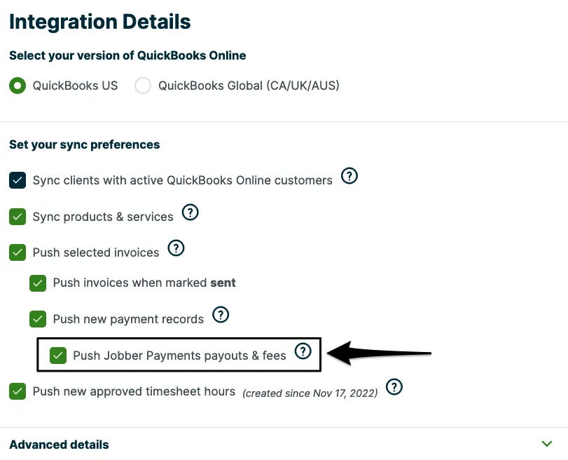Legacy QuickBooks Integration Details with Push Jobber Payments payouts & fees highlighted