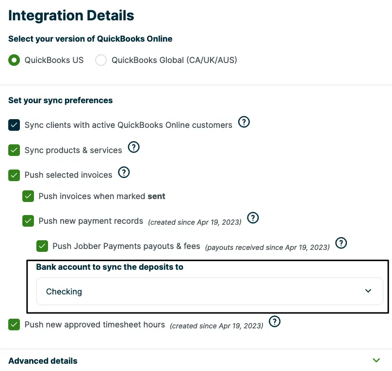Legacy QuickBooks sync preferences with the bank account to sync deposits to set to Checking