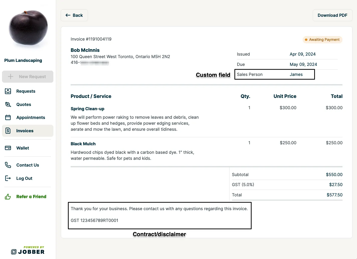 Invoice in client hub with a custom field and the contract/disclaimer message highlighted