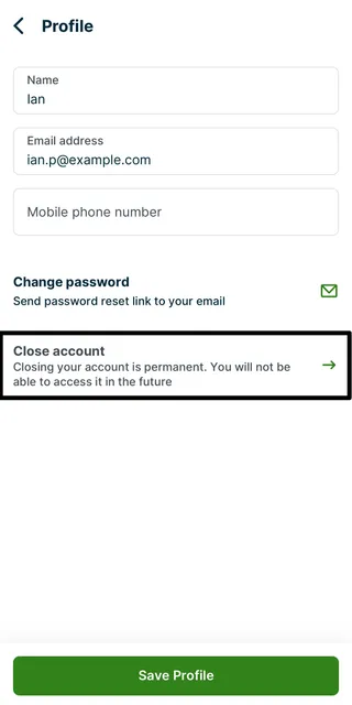 Profile page in the app with the Close Account action highlighted