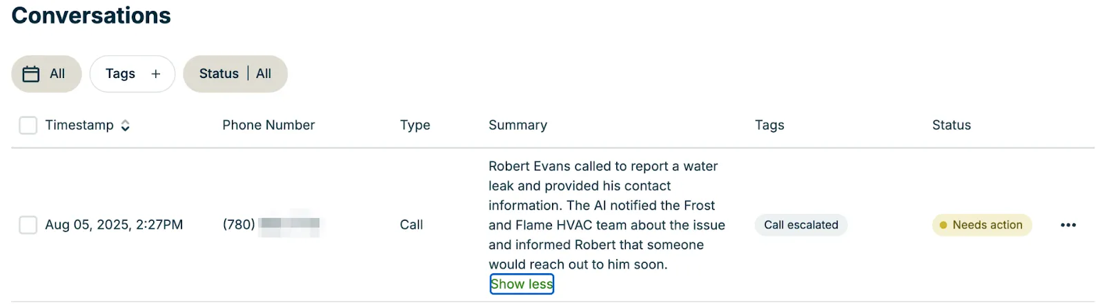 A screenshot showing the conversations list of escalations that have occurred.