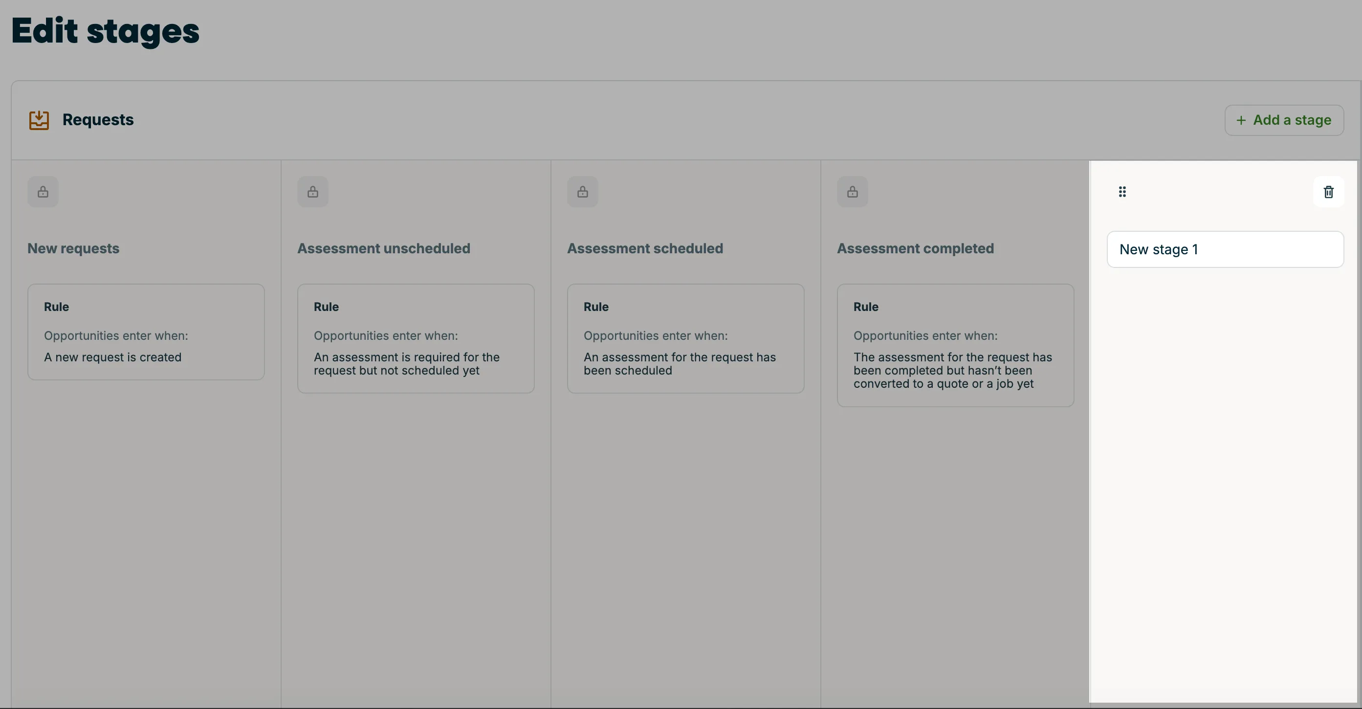 The Edit stages page with the locked built-in request stages and a new custom stage named New stage 1 added at the end.