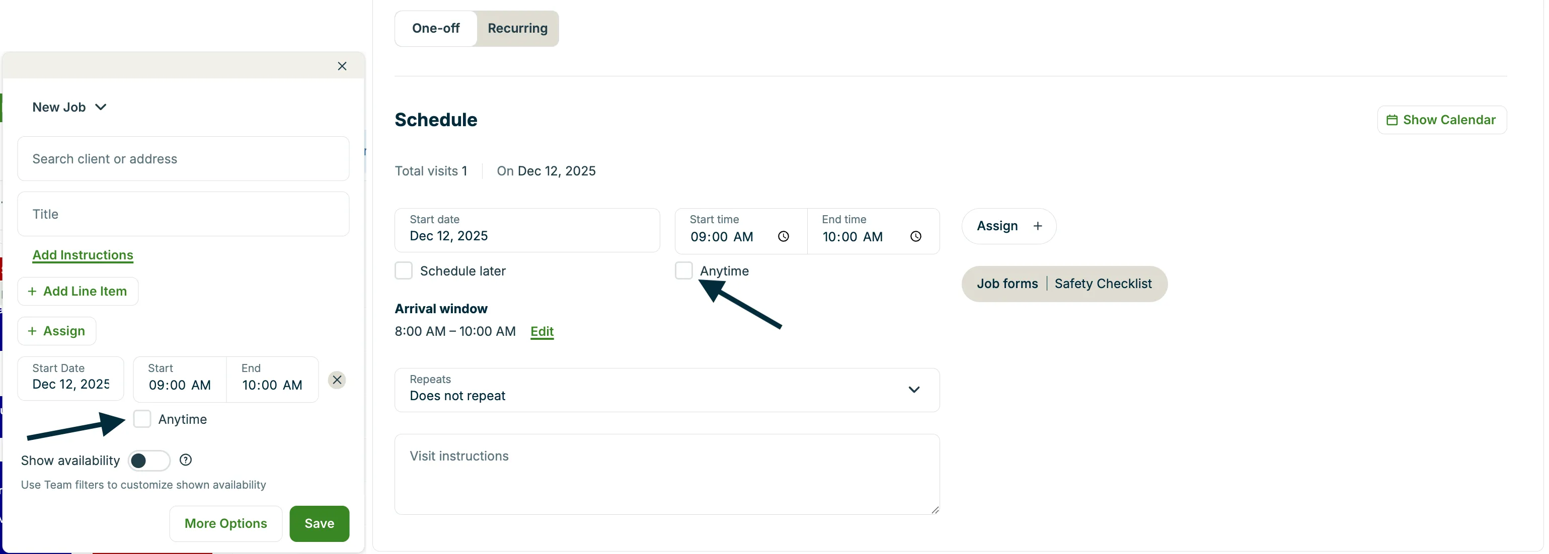 Side-by-side screenshots showing how to create an anytime visit in the calendar and job screen jobs creation views.