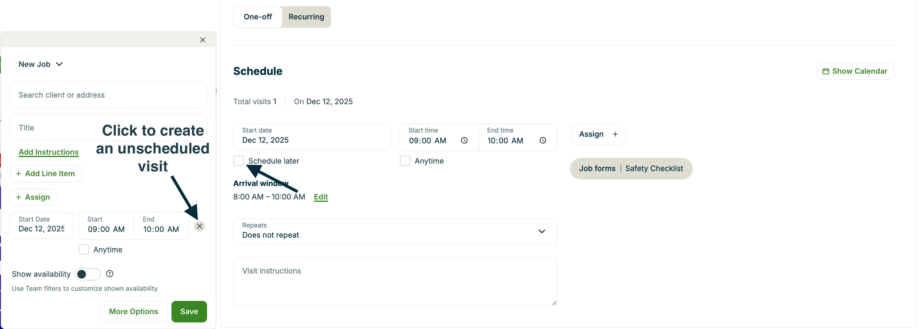 Side-by-side screenshots showing how to create an unscheduled visit in the calendar and job screen jobs creation views.