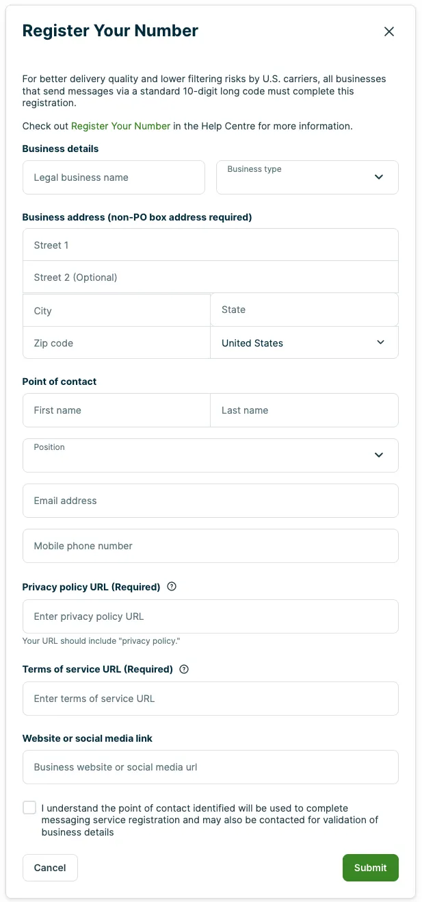 A screenshot of the Register Your Number form.