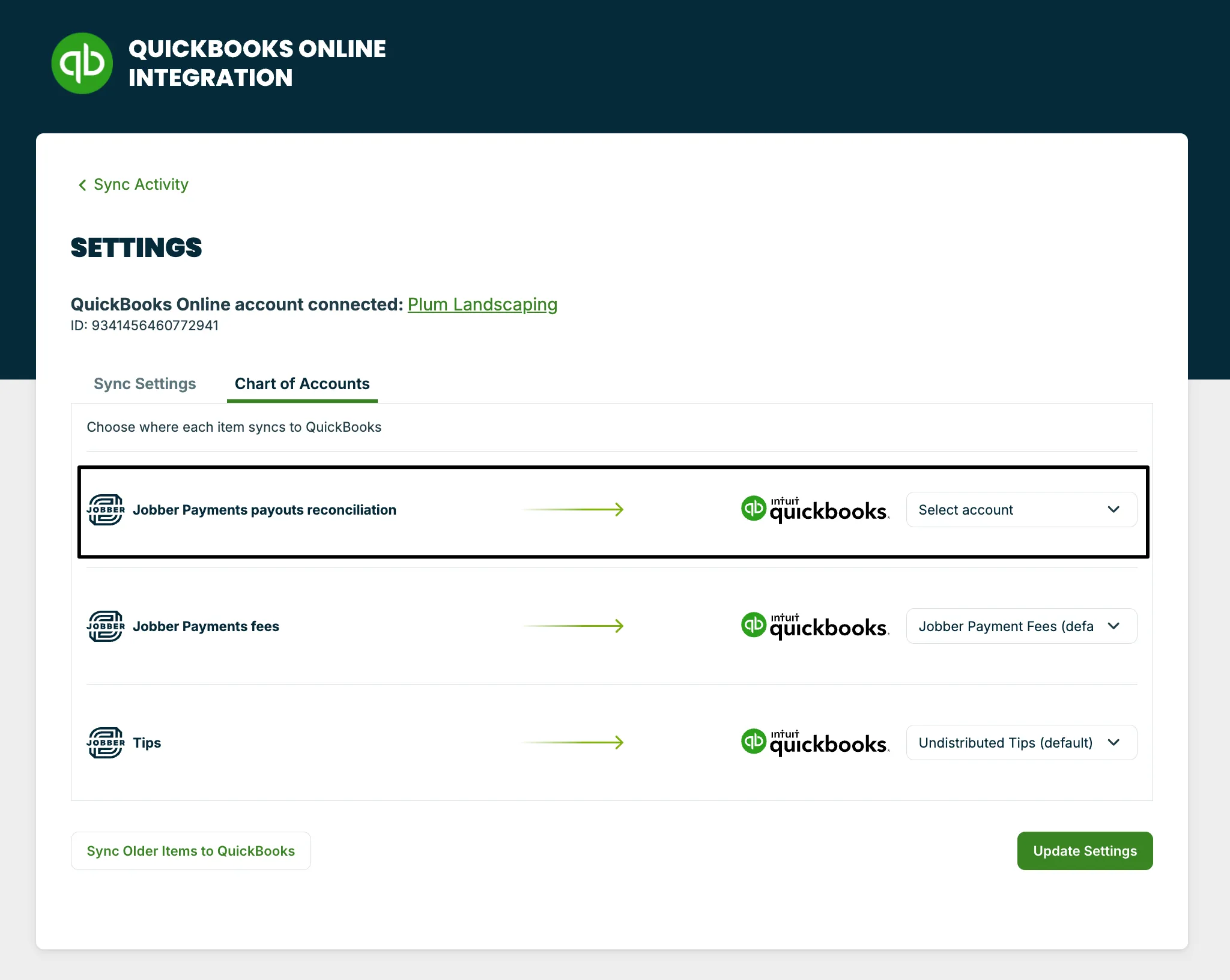 New QuickBooks integration Chart of Accounts settings with the Jobber Payments payouts reconciliation account highlighted