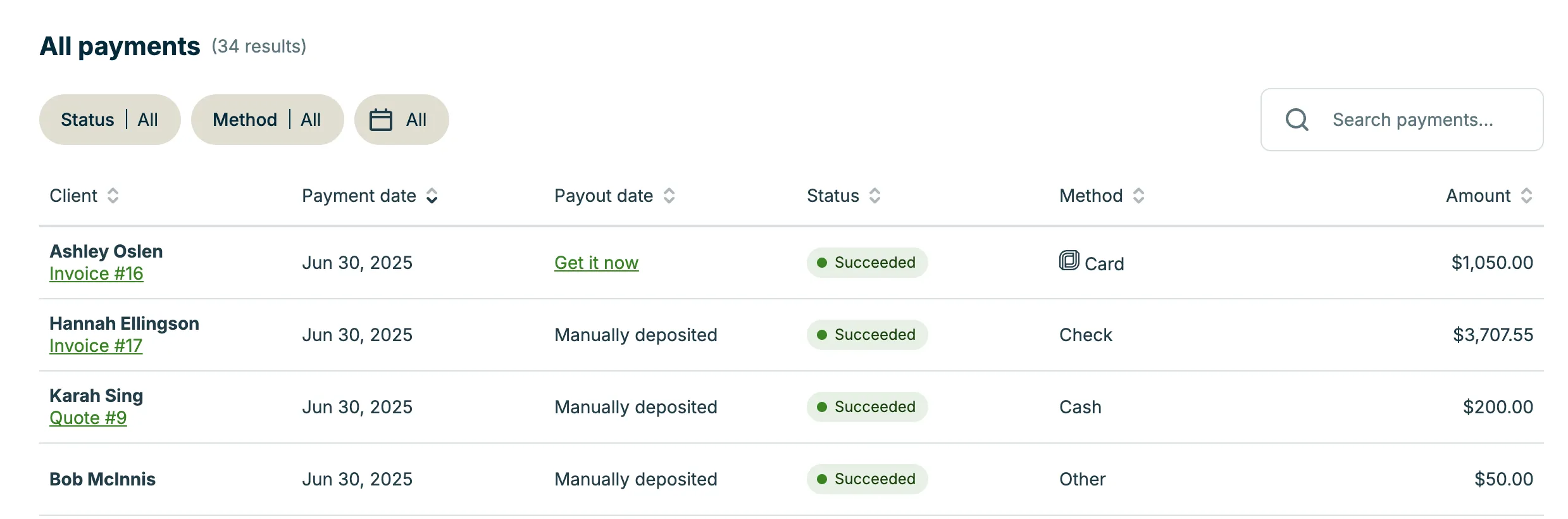 A screenshot showing a list of all payments.