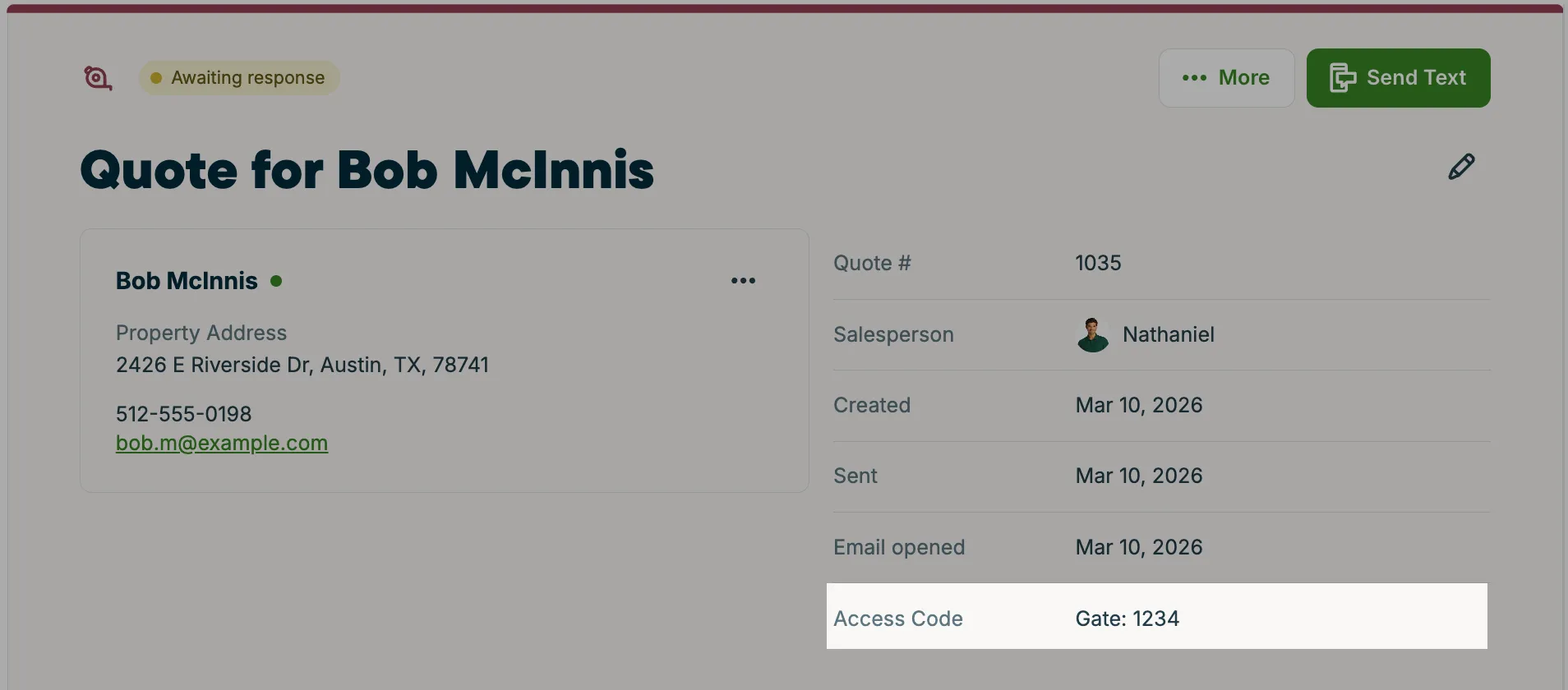 A screenshot of a quote with a gate code custom field highlighted in the details section.