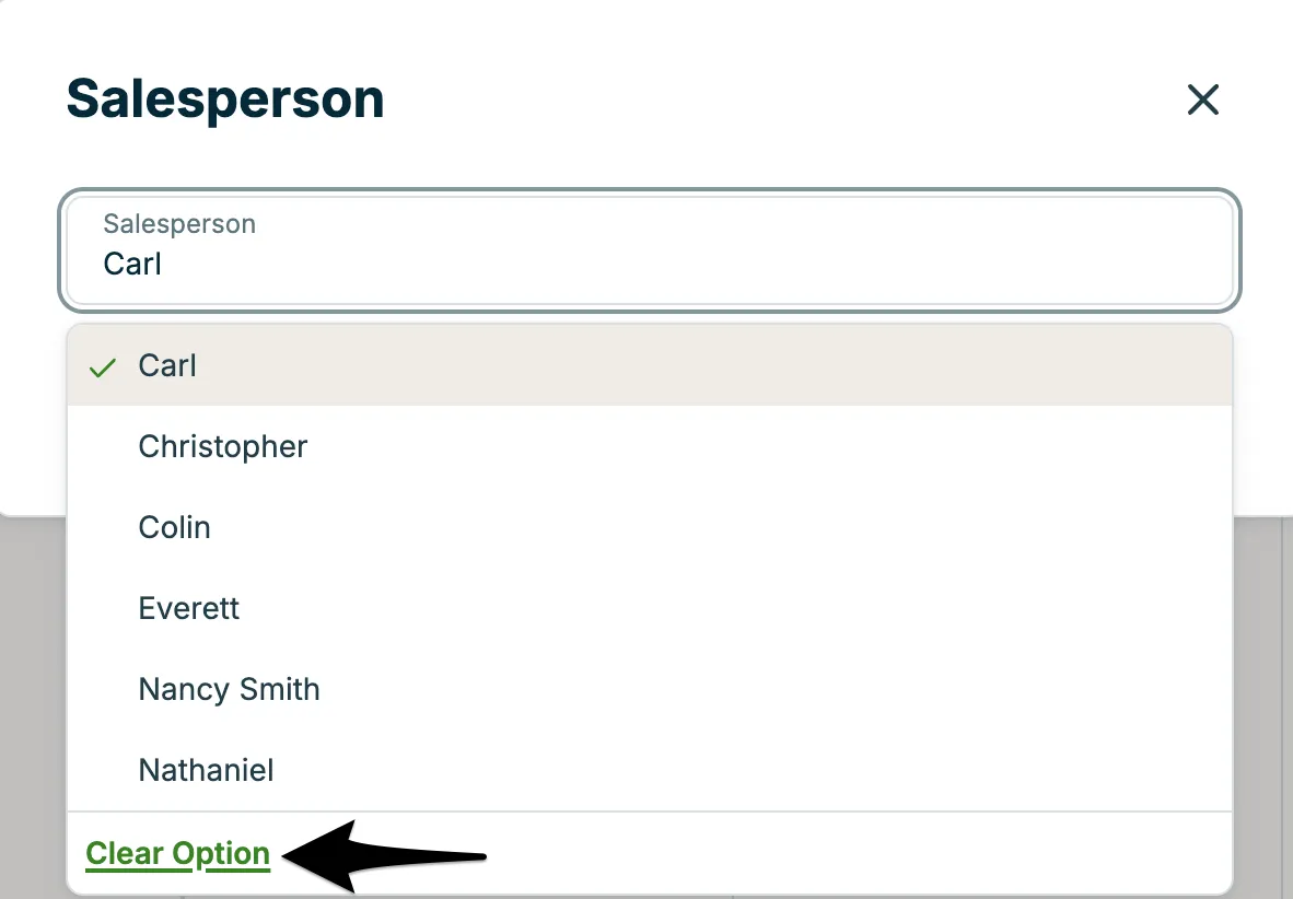 The Salesperson dropdown with Carl selected and an arrow pointing to Clear Option at the bottom of the list.