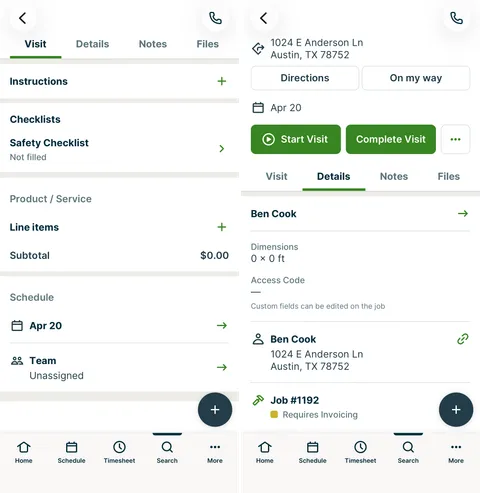 Two screenshots side-by-side, showing the Visit tab information and Details tab information on a visit in the Jobber app.
