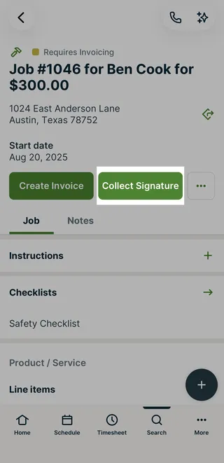 Job in Requires Invoicing status in the Jobber app with the Collect Signature button highlighted