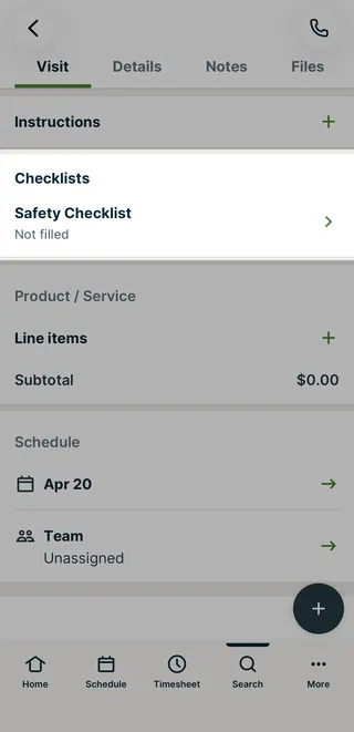 A screenshot highlighting the title of a checklist applied to a visit within the Jobber app.
