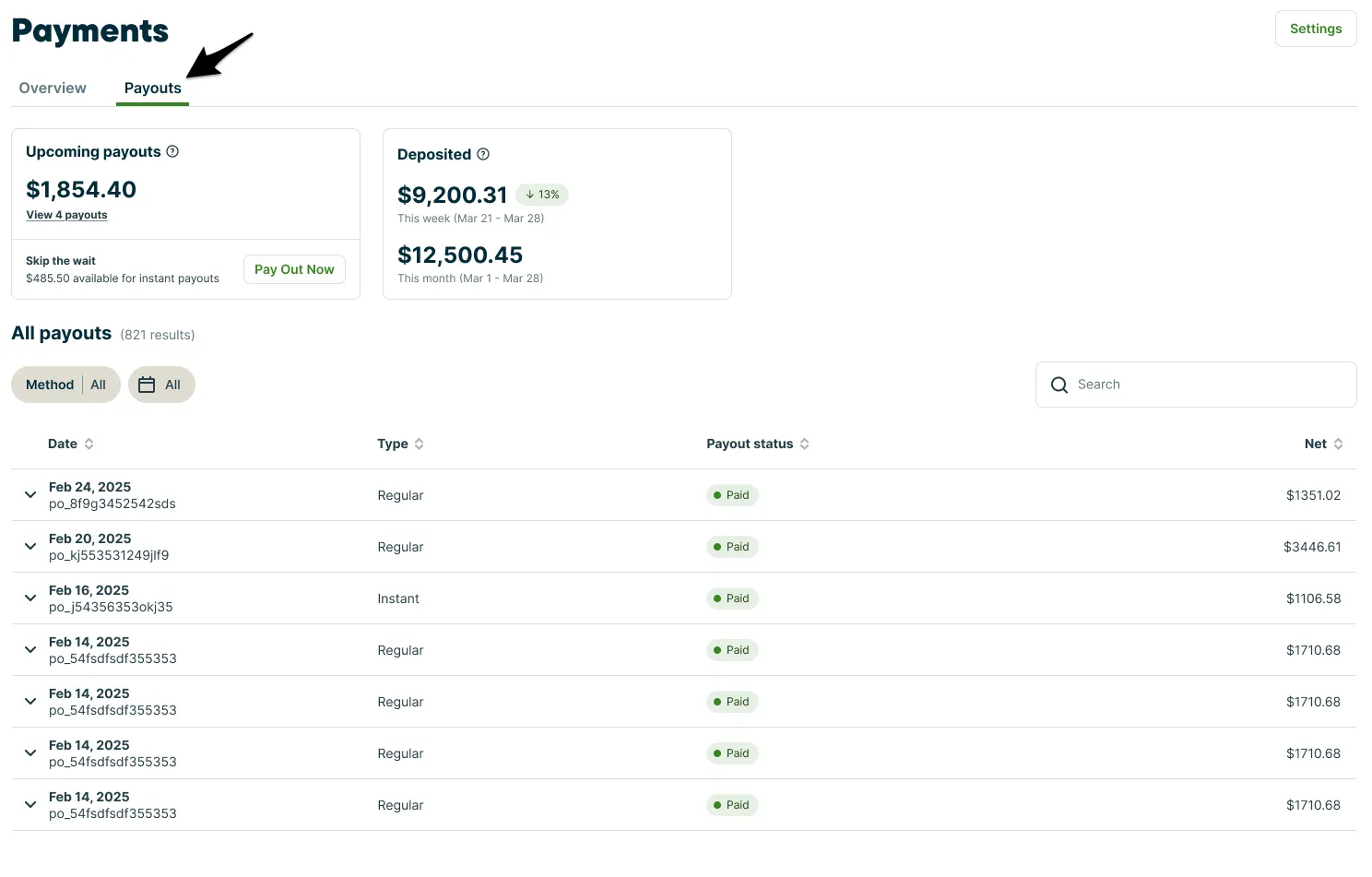 A screenshot showing the Payouts tab.