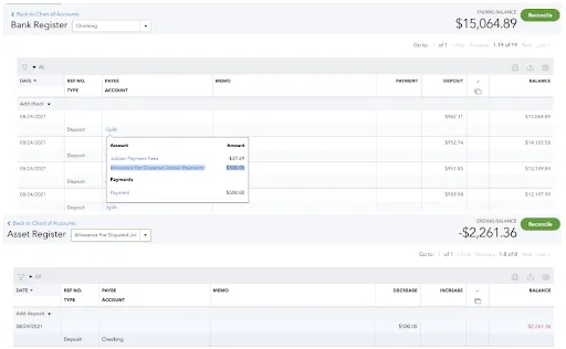 QuickBooks Checking register and Allowance for Disputed Jobber Payments register showing a disputed payment