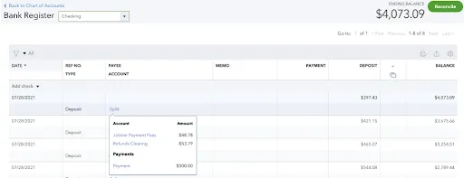 QuickBooks Checking register deposit split showing Jobber Payment Fees and Refunds Clearing deductions
