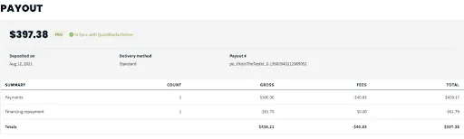 Jobber payout summary with a payment and a financing repayment deduction