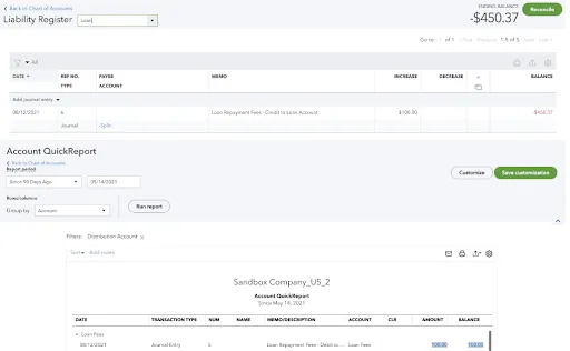 QuickBooks Loan register and Account QuickReport showing loan repayment fees