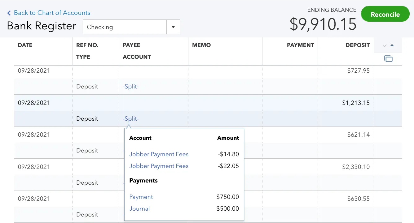 QuickBooks Checking register deposit split showing Jobber Payment Fees deducted from payments
