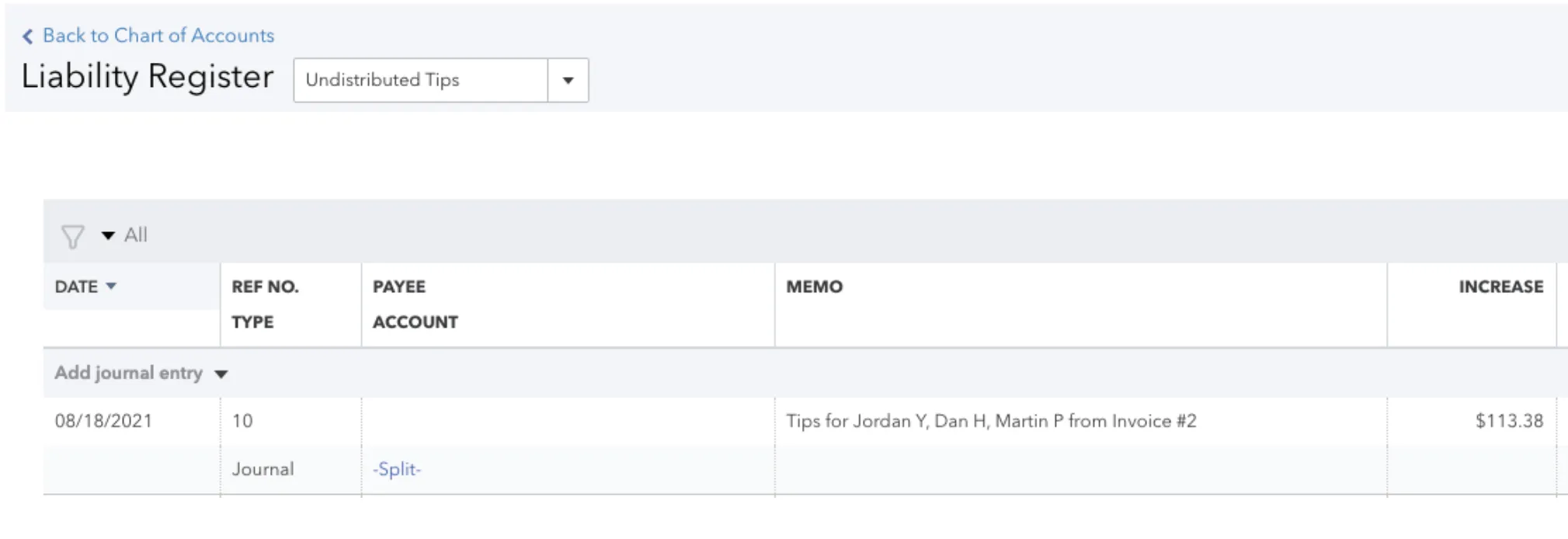 QuickBooks Undistributed Tips register with a journal entry for tips from an invoice
