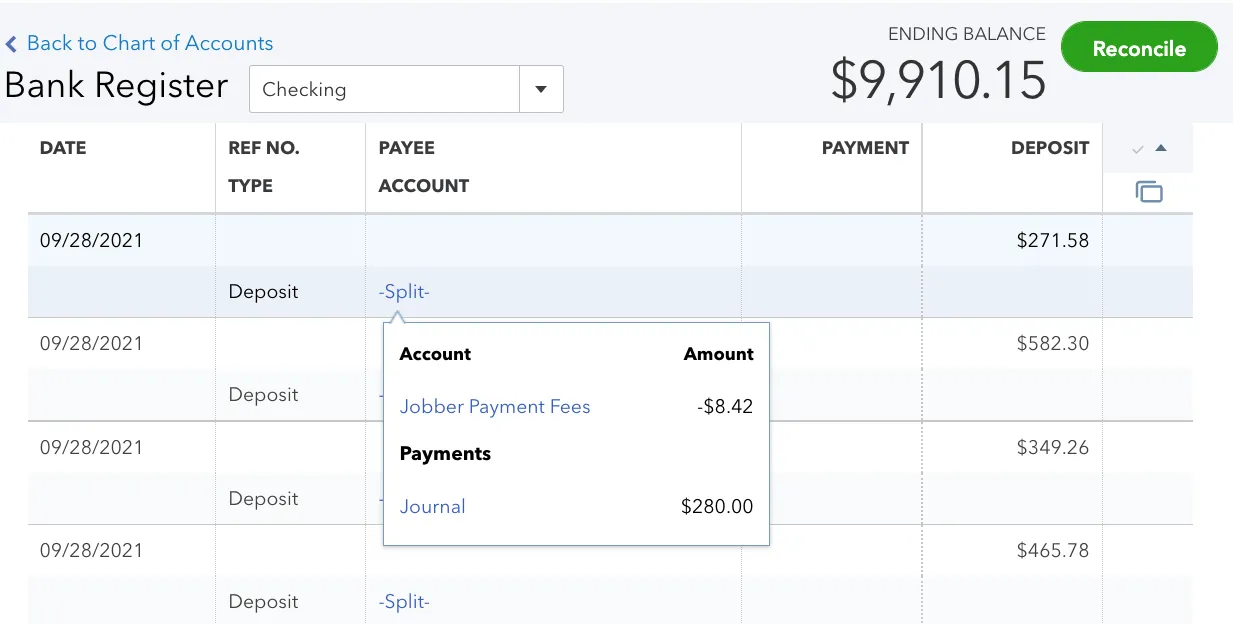 QuickBooks Checking register deposit split into Jobber Payment Fees and a payment
