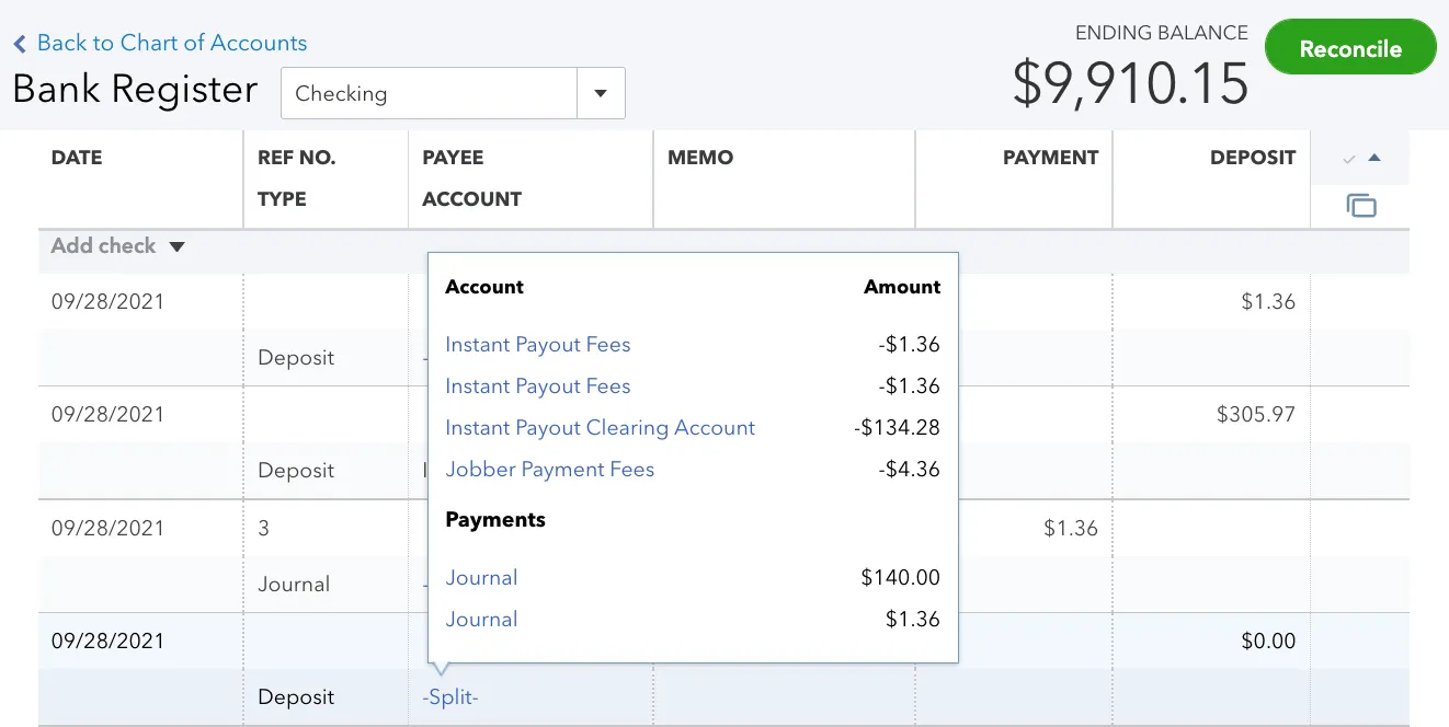 QuickBooks Checking register deposit split showing instant payout fees, the Instant Payout Clearing account, and payments