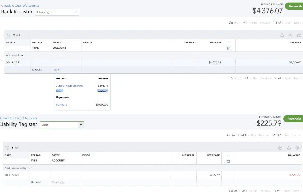 QuickBooks Checking register deposit split and Loan register showing a loan repayment deducted from a payout