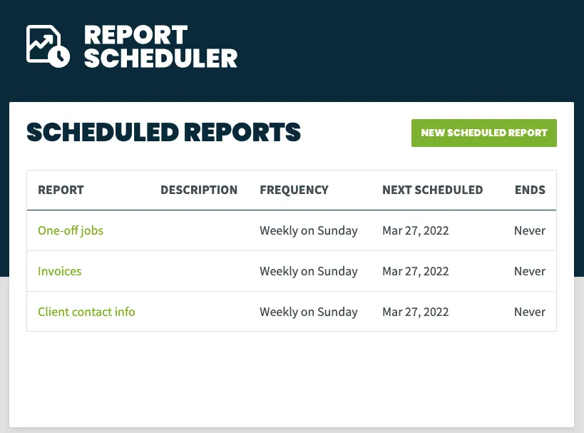 list of scheduled reports in the report scheduler app